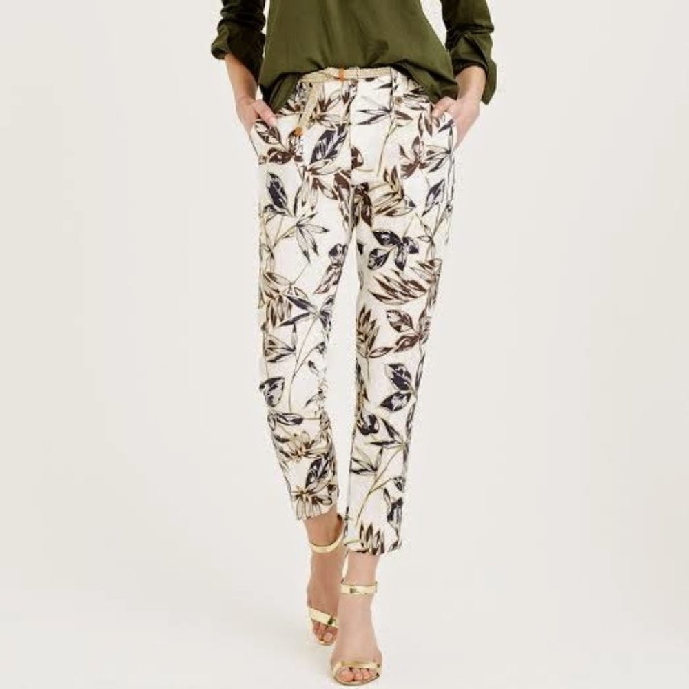 J. Crew 100% Linen Garden Print Gold Foil Leaf Pants. Size 0.  NWOT
